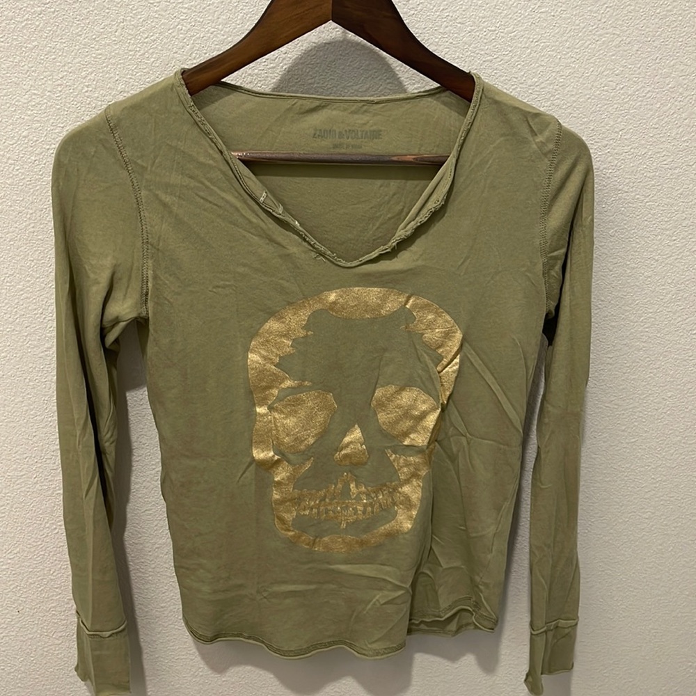 Zadig & Voltaire green gold long sleeved shirt button V front size XS